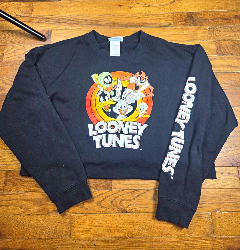 Looney Tunes Womens L Cropped Sweatshirt Bugs Bunny Daffy Black Graphic